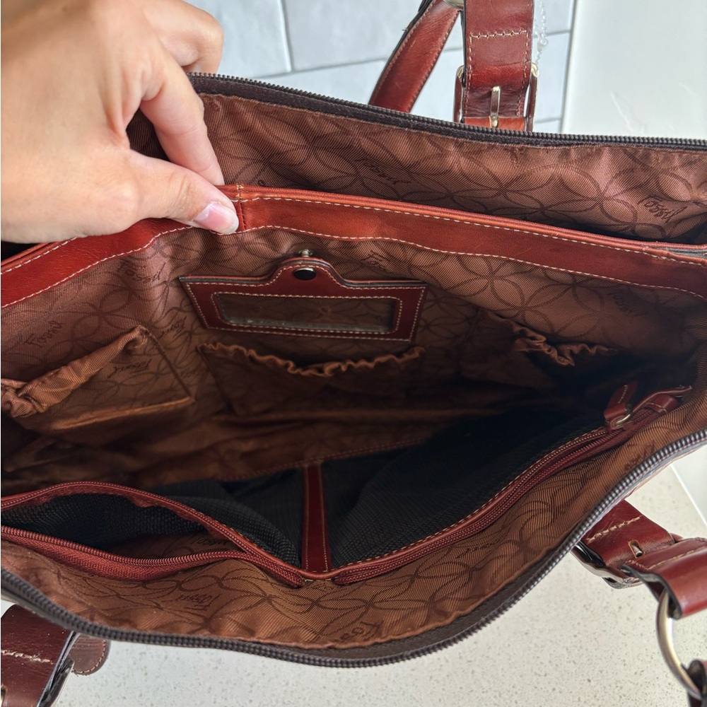 Vintage Fossil Large Brown Leather Business Laptop Tote Travel Purse Bag - Picture 8 of 11